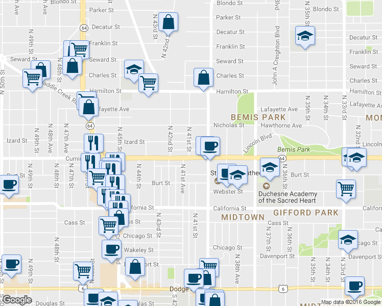 map of restaurants, bars, coffee shops, grocery stores, and more near 4032 Cuming Street in Omaha