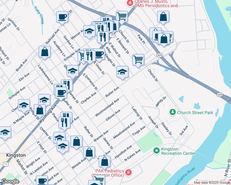 map of restaurants, bars, coffee shops, grocery stores, and more near 629 Rutter Avenue in Kingston
