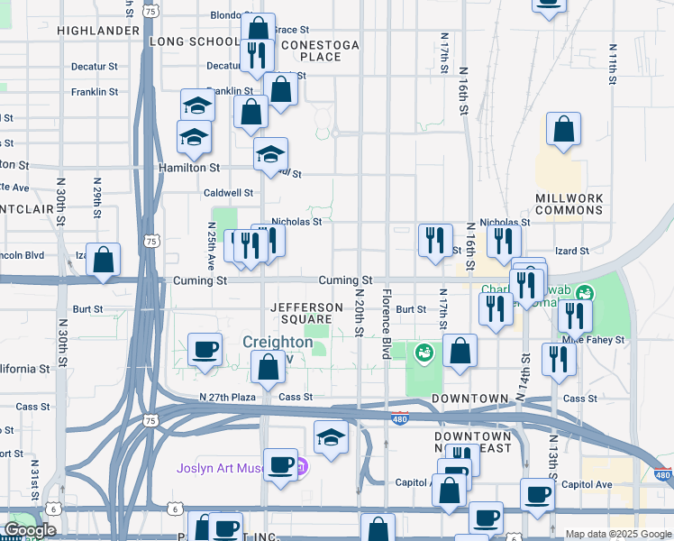 map of restaurants, bars, coffee shops, grocery stores, and more near 2024 Cuming Street in Omaha