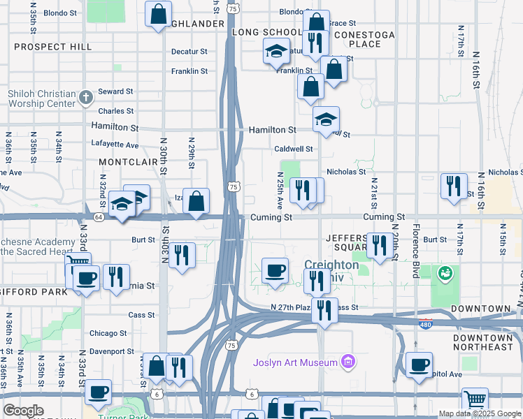 map of restaurants, bars, coffee shops, grocery stores, and more near 2621 Cuming Street in Omaha