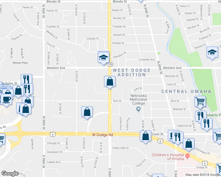 map of restaurants, bars, coffee shops, grocery stores, and more near 1011 North 90th Street in Omaha