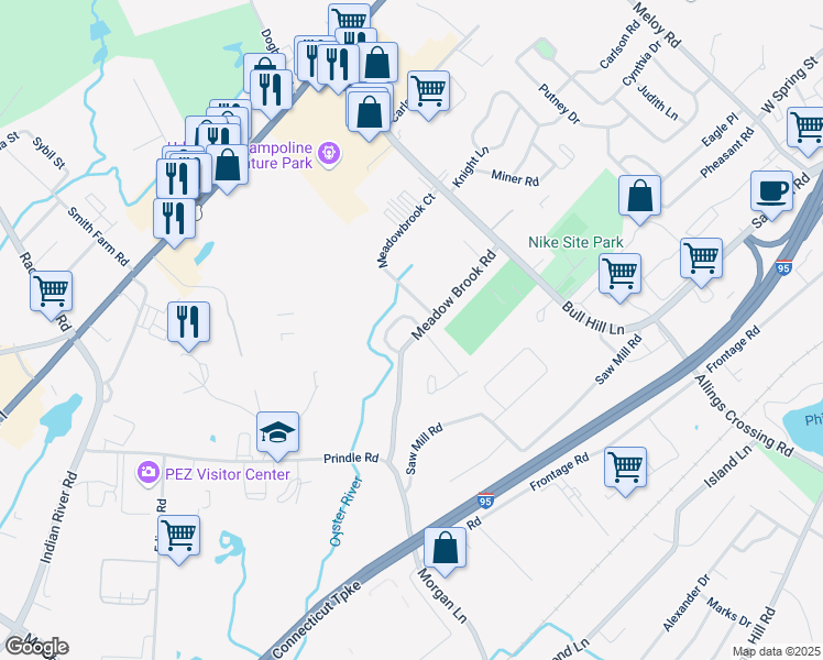 map of restaurants, bars, coffee shops, grocery stores, and more near 23 Meadow Brook Road in West Haven