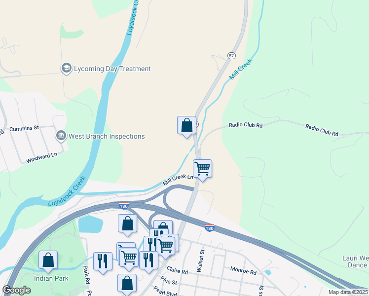 map of restaurants, bars, coffee shops, grocery stores, and more near 445 Rt 87 Highway in Montoursville