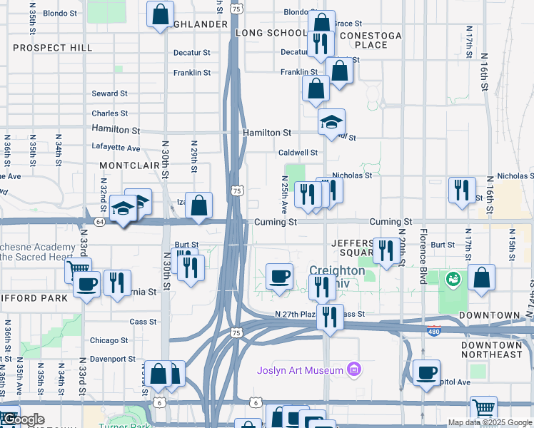 map of restaurants, bars, coffee shops, grocery stores, and more near 2621 Cuming Street in Omaha