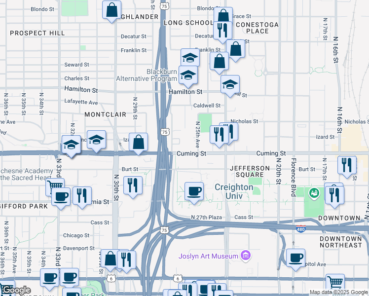 map of restaurants, bars, coffee shops, grocery stores, and more near 2621 Cuming Street in Omaha