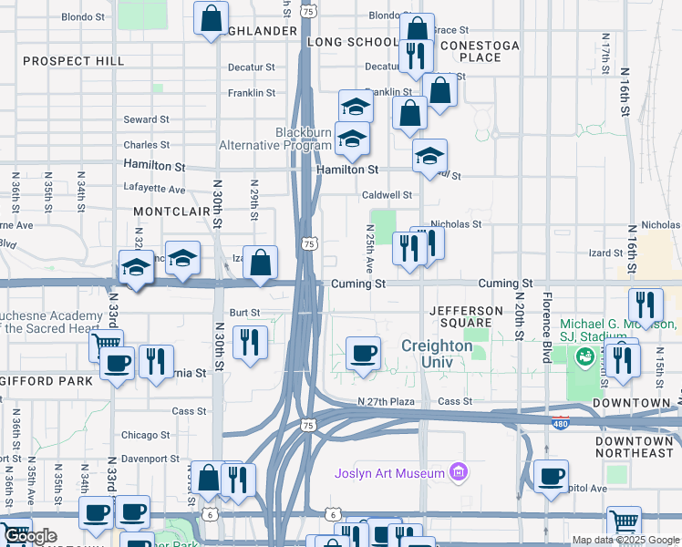 map of restaurants, bars, coffee shops, grocery stores, and more near 2621 Cuming Street in Omaha