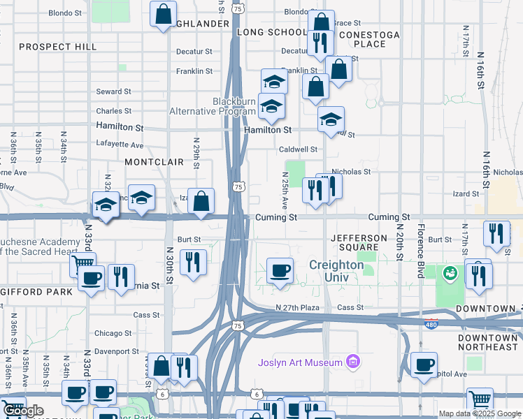 map of restaurants, bars, coffee shops, grocery stores, and more near 2621 Cuming Street in Omaha