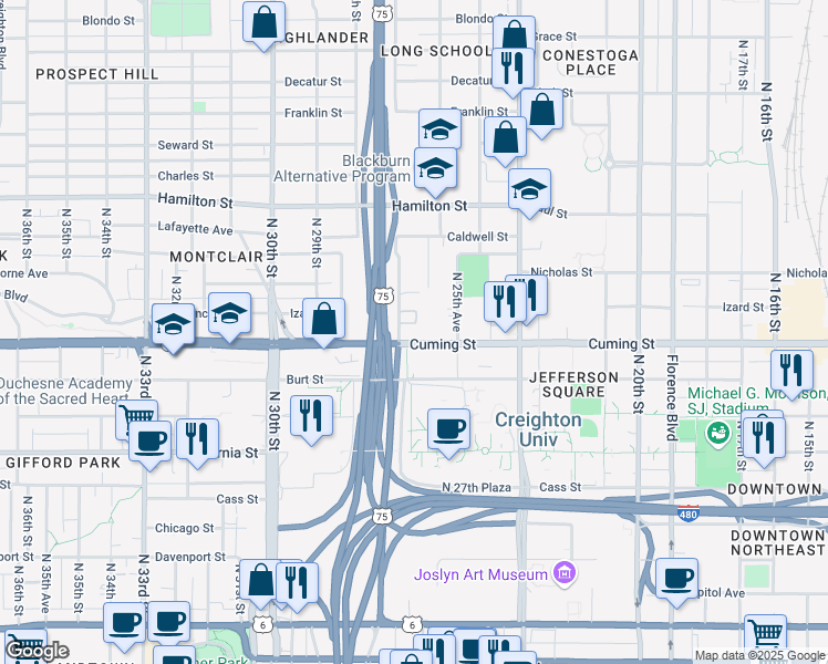 map of restaurants, bars, coffee shops, grocery stores, and more near 2621 Cuming Street in Omaha