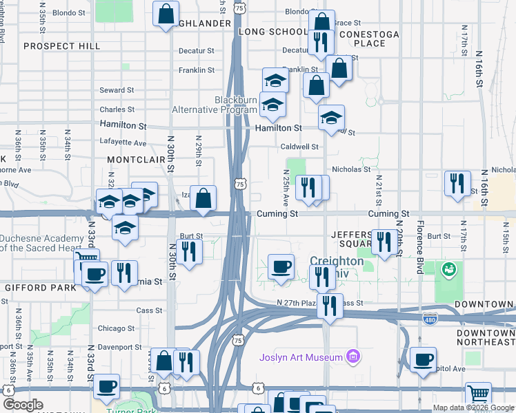 map of restaurants, bars, coffee shops, grocery stores, and more near 2621 Cuming Street in Omaha
