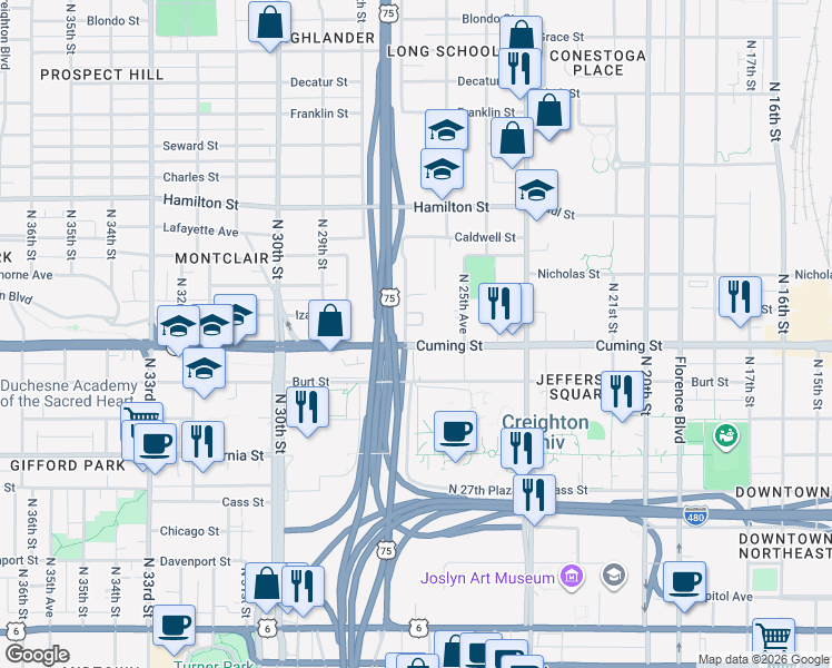 map of restaurants, bars, coffee shops, grocery stores, and more near 2700-2774 Cuming St in Omaha