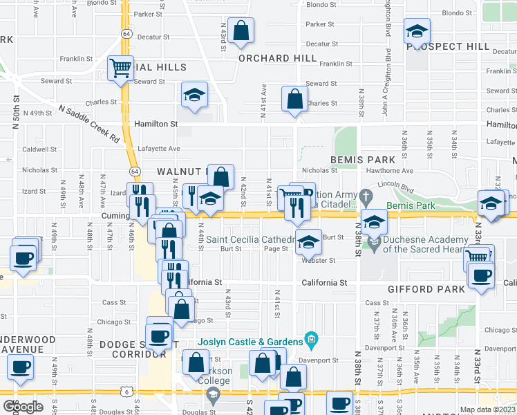 map of restaurants, bars, coffee shops, grocery stores, and more near 4032 Cuming Street in Omaha