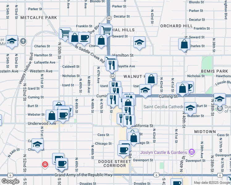 map of restaurants, bars, coffee shops, grocery stores, and more near 820 North Saddle Creek Road in Omaha