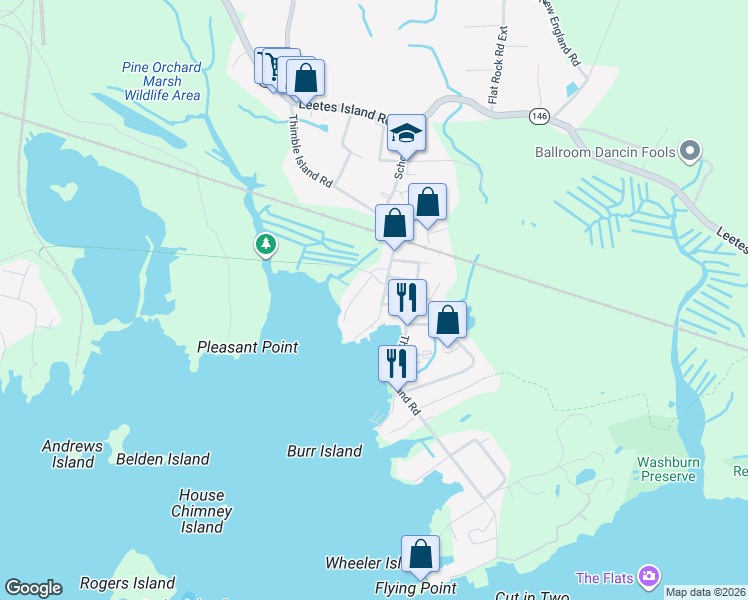 map of restaurants, bars, coffee shops, grocery stores, and more near 3 Halls Point Road in Branford