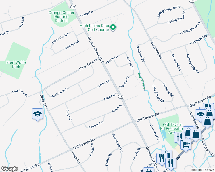 map of restaurants, bars, coffee shops, grocery stores, and more near 208 Currier Drive in Orange
