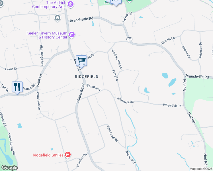 map of restaurants, bars, coffee shops, grocery stores, and more near 8 Huckleberry Lane in Ridgefield