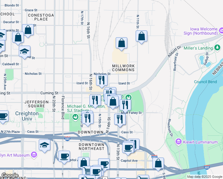 map of restaurants, bars, coffee shops, grocery stores, and more near 1330 Cuming Street in Omaha