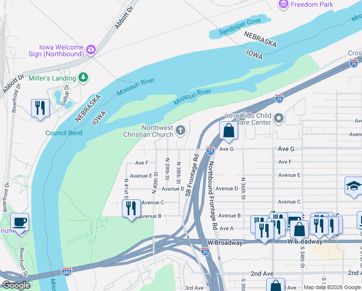 map of restaurants, bars, coffee shops, grocery stores, and more near 621 North 38th Street in Council Bluffs