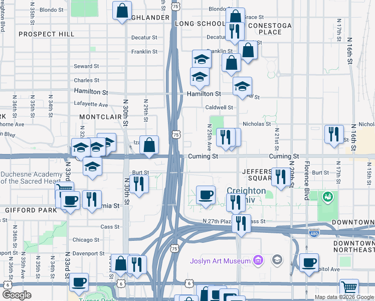 map of restaurants, bars, coffee shops, grocery stores, and more near 2700-2774 Cuming St in Omaha