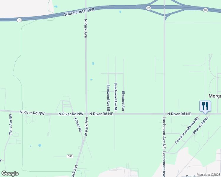 map of restaurants, bars, coffee shops, grocery stores, and more near 3616 Basswood Avenue Northeast in Warren