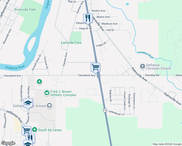 map of restaurants, bars, coffee shops, grocery stores, and more near 494 Cleveland Avenue in Defiance