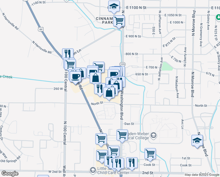 map of restaurants, bars, coffee shops, grocery stores, and more near North 325 East in Harrisville