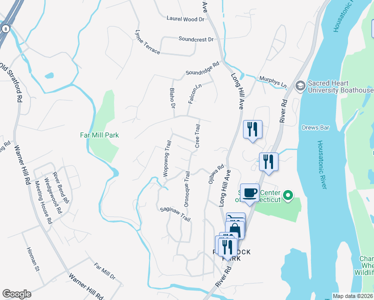 map of restaurants, bars, coffee shops, grocery stores, and more near 5 Oronoque Trail in Shelton
