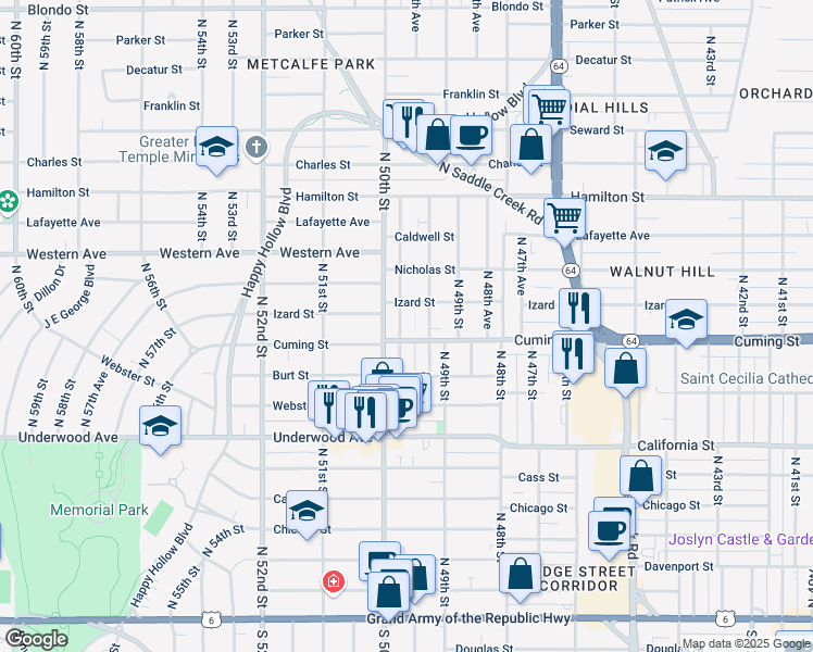 map of restaurants, bars, coffee shops, grocery stores, and more near 905 North 50th Avenue in Omaha