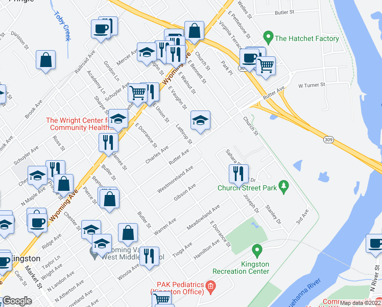 map of restaurants, bars, coffee shops, grocery stores, and more near 653 Rutter Avenue in Kingston
