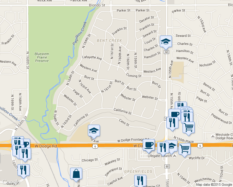 map of restaurants, bars, coffee shops, grocery stores, and more near 640 N 159th St in Omaha