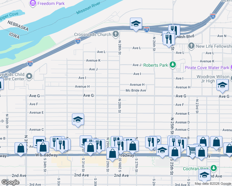 map of restaurants, bars, coffee shops, grocery stores, and more near 2749 Avenue G in Council Bluffs