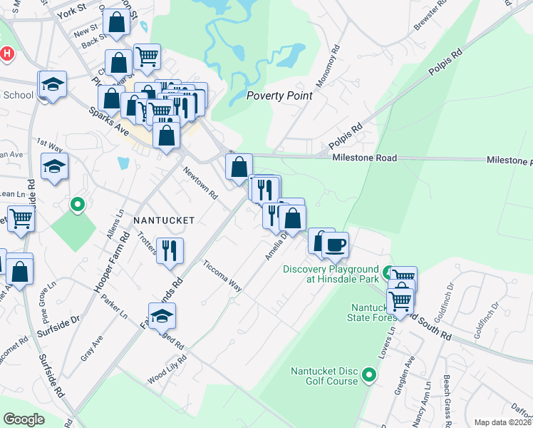 map of restaurants, bars, coffee shops, grocery stores, and more near 17 Old South Road in Nantucket