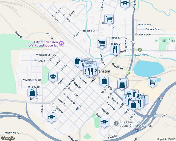map of restaurants, bars, coffee shops, grocery stores, and more near 127 10th Street in Evanston