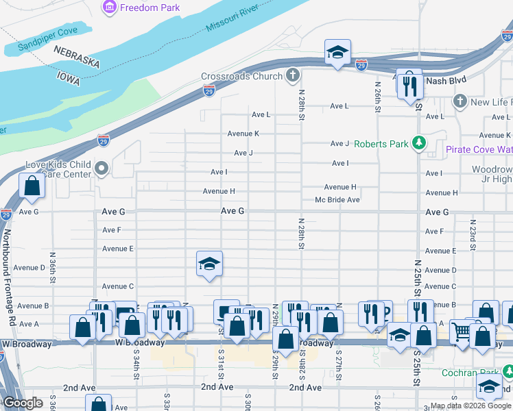 map of restaurants, bars, coffee shops, grocery stores, and more near 2931 Avenue G in Council Bluffs
