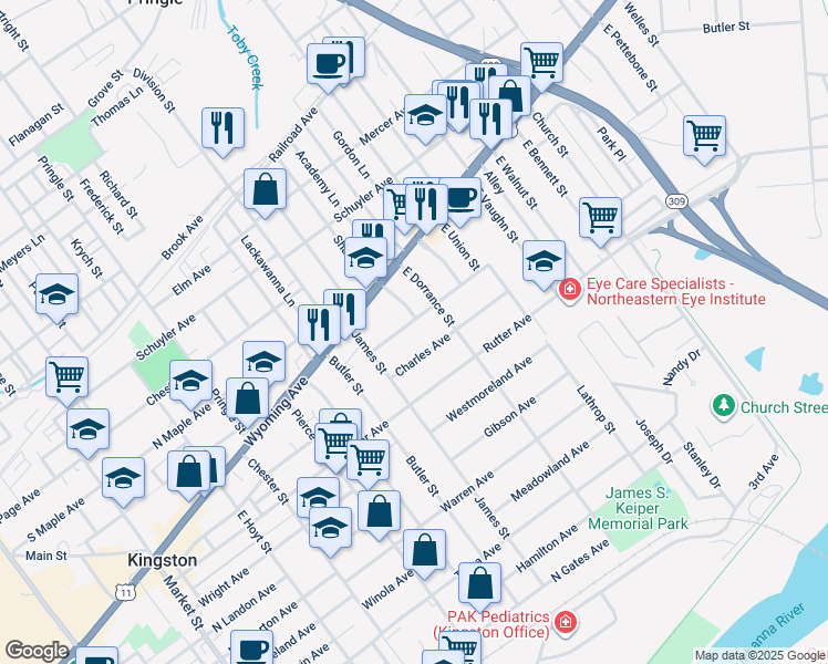 map of restaurants, bars, coffee shops, grocery stores, and more near 578 Charles Ave in Kingston
