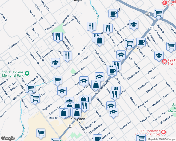 map of restaurants, bars, coffee shops, grocery stores, and more near 119-121 Pringle Street in Kingston
