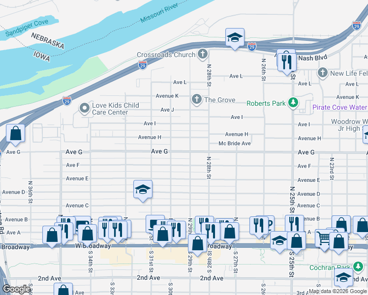 map of restaurants, bars, coffee shops, grocery stores, and more near 2931 Avenue G in Council Bluffs