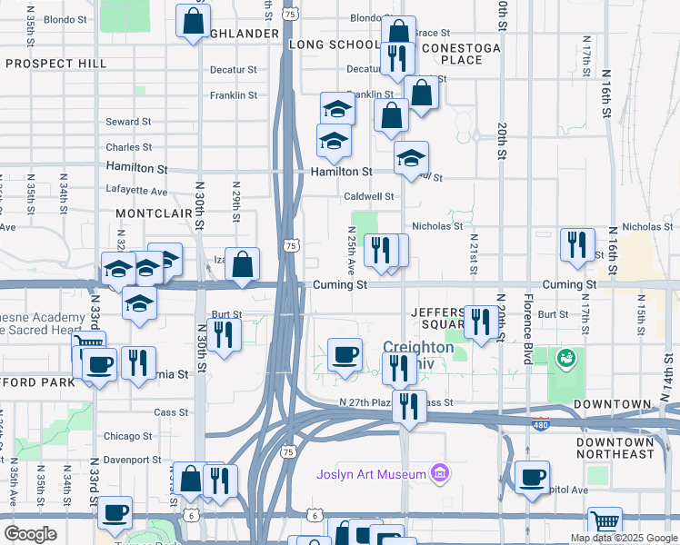 map of restaurants, bars, coffee shops, grocery stores, and more near 2621 Cuming Street in Omaha