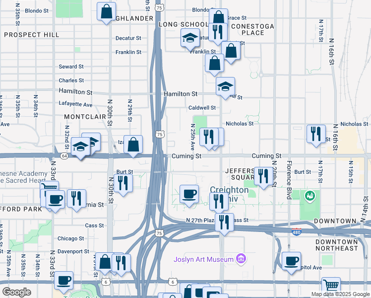 map of restaurants, bars, coffee shops, grocery stores, and more near 2621 Cuming Street in Omaha