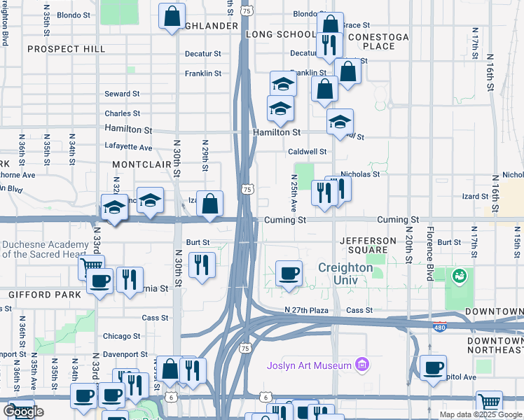 map of restaurants, bars, coffee shops, grocery stores, and more near 2700-2774 Cuming St in Omaha