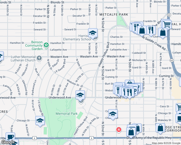 map of restaurants, bars, coffee shops, grocery stores, and more near 900 Happy Hollow Boulevard in Omaha