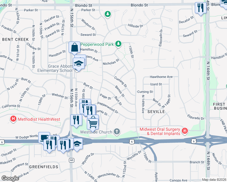 map of restaurants, bars, coffee shops, grocery stores, and more near 15268 Burt Street in Omaha
