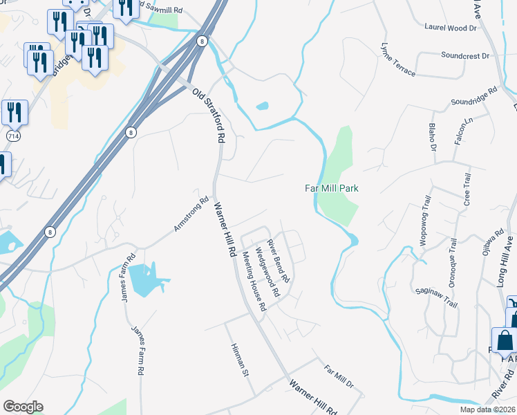 map of restaurants, bars, coffee shops, grocery stores, and more near 14 Sterling Ridge in Shelton