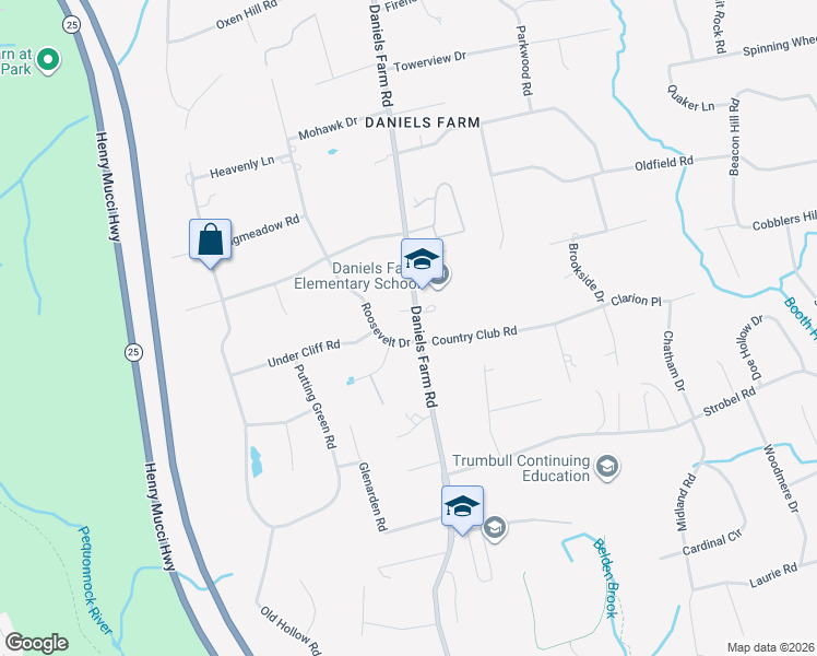 map of restaurants, bars, coffee shops, grocery stores, and more near 7 Country Club Road in Trumbull