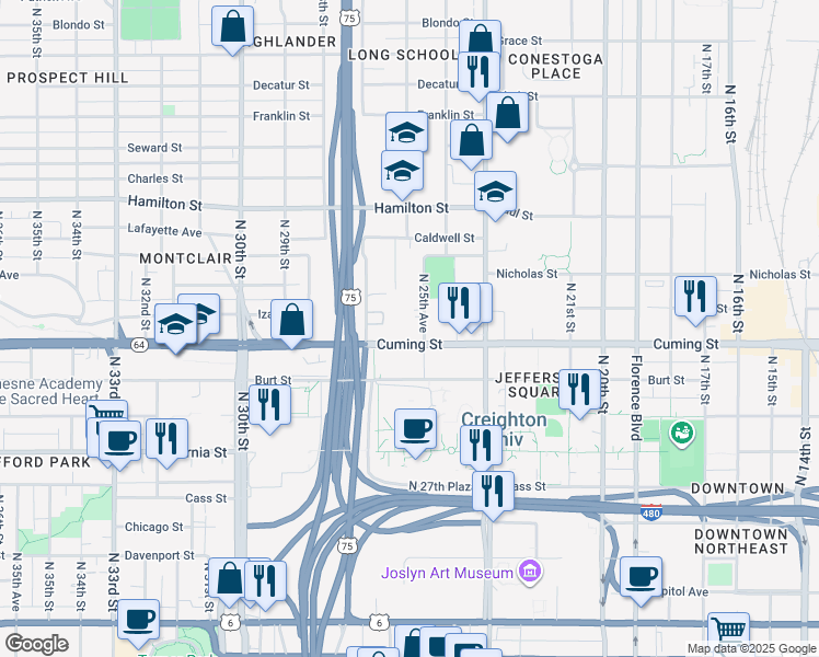map of restaurants, bars, coffee shops, grocery stores, and more near 2621 Cuming Street in Omaha