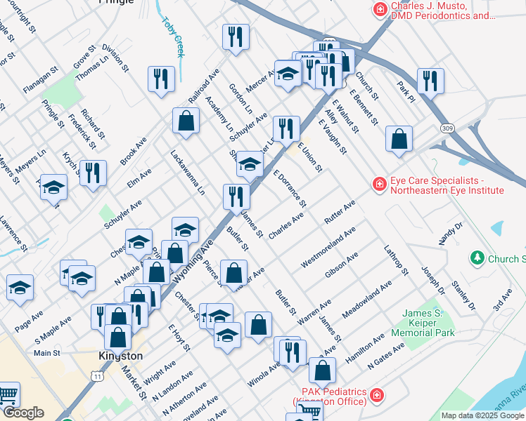 map of restaurants, bars, coffee shops, grocery stores, and more near 544 Ford Ave in Kingston