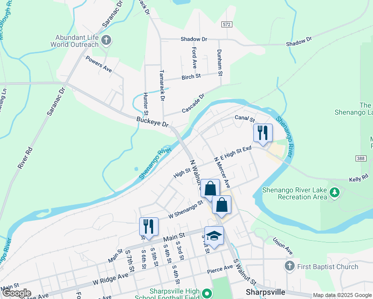 map of restaurants, bars, coffee shops, grocery stores, and more near 340 North Walnut Street in Sharpsville