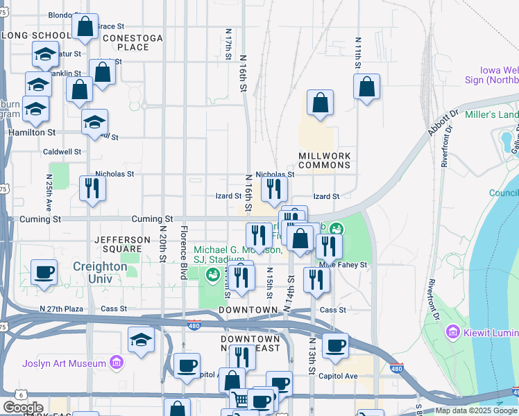 map of restaurants, bars, coffee shops, grocery stores, and more near 1514 Cuming Street in Omaha