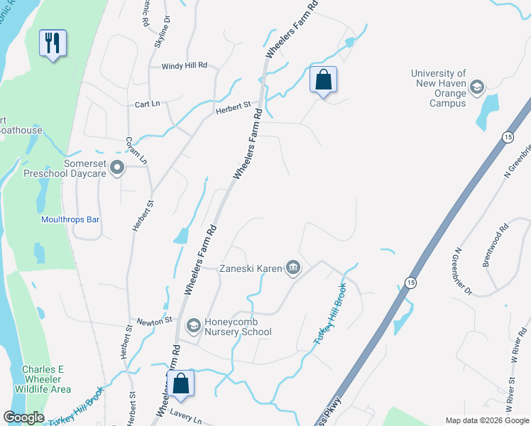 map of restaurants, bars, coffee shops, grocery stores, and more near 126 Oak Bluff Road in Milford
