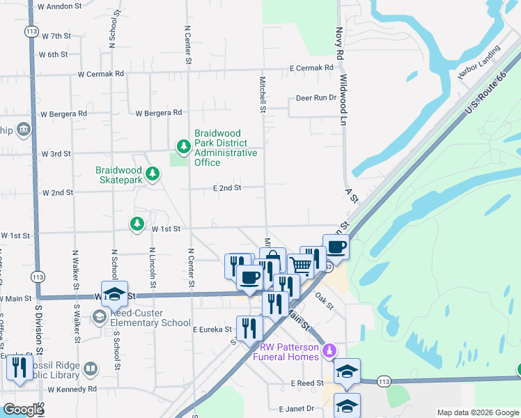 map of restaurants, bars, coffee shops, grocery stores, and more near 186 East 1st Street in Braidwood