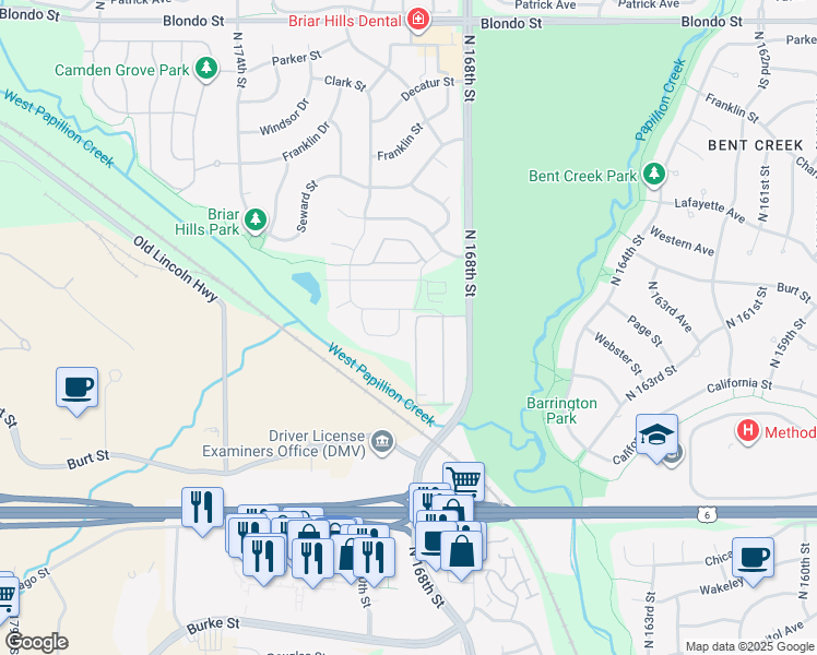 map of restaurants, bars, coffee shops, grocery stores, and more near 1121 North 169th Street in Omaha